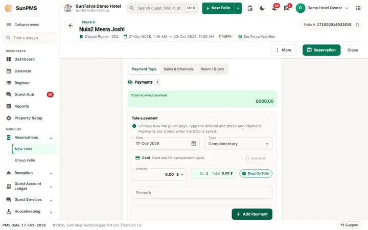 Folio - Payments, Advance, Deposit and Refund: pay advance added