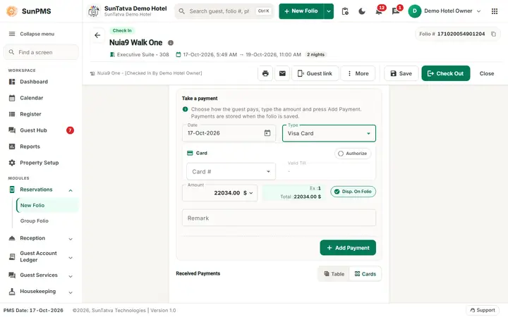 Folio - Payments, Advance, Deposit and Refund: pay card authorize form