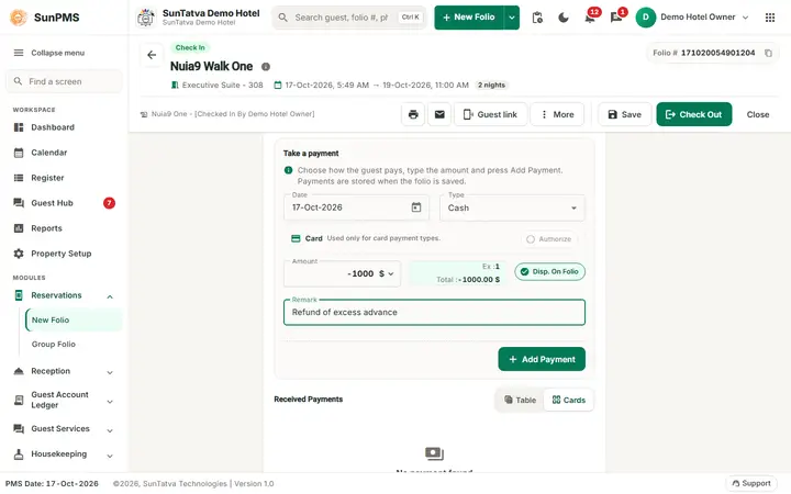 Folio - Payments, Advance, Deposit and Refund: pay refund entry