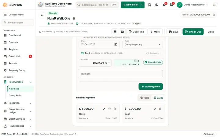 Folio - Payments, Advance, Deposit and Refund: pay saved