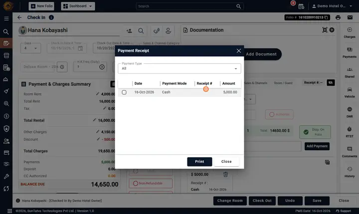 Printing and E-mailing the Folio: print payments receipt