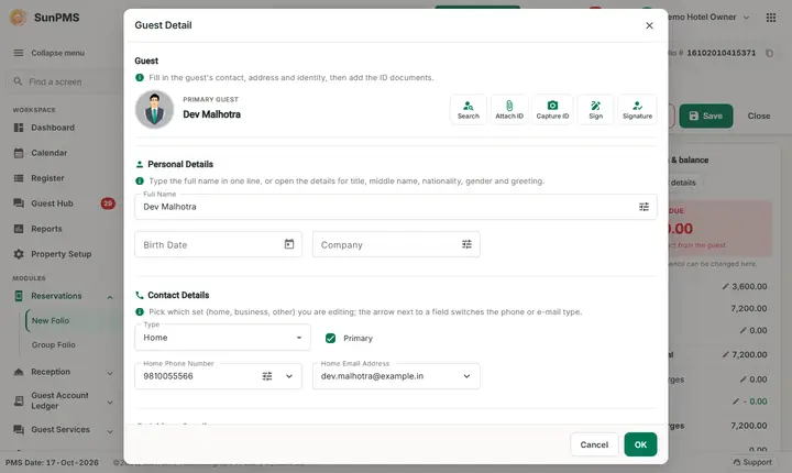 Folio - Guest Details and Documents: guest Detail window