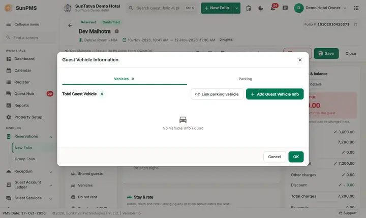 Folio - Guest Details and Documents: profile vehicle list