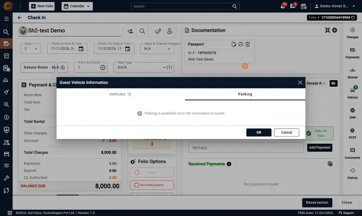 Folio - Guest Details and Documents: profile 06b vehicle parking tab