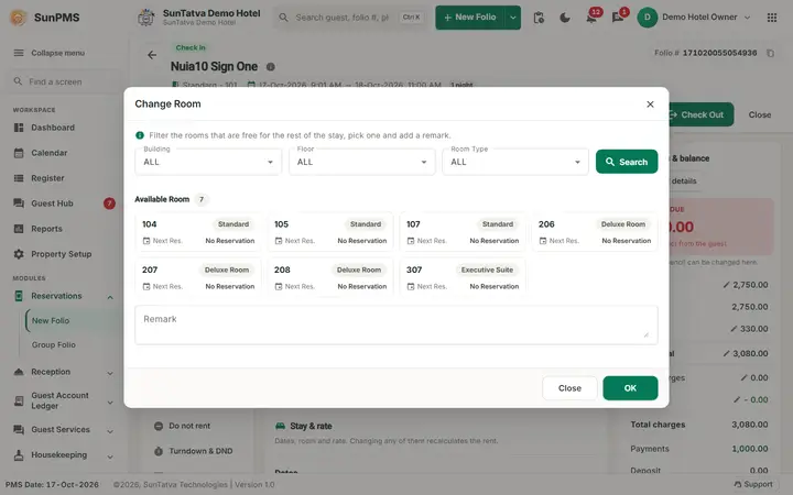 Assigning and Changing a Room: roomchange dialog