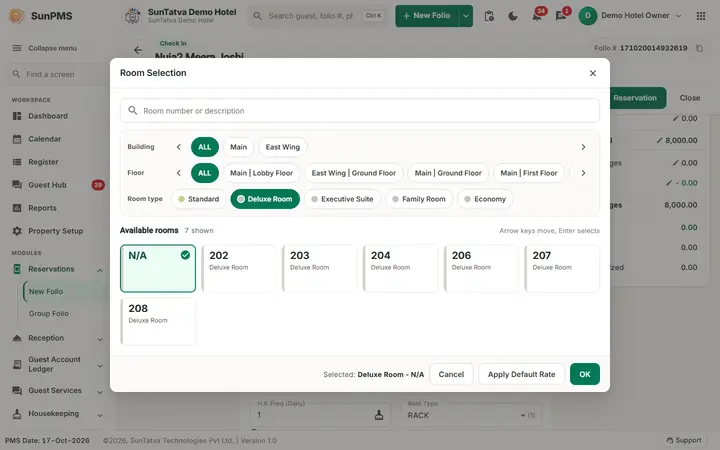 Check-out, Settlement and Invoice Printing: sameday room