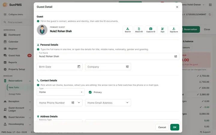 New Folio - Reservation or Walk-in Check-in: walkin guest detail