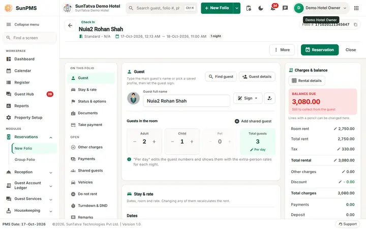 New Folio - Reservation or Walk-in Check-in: walkin name and dates