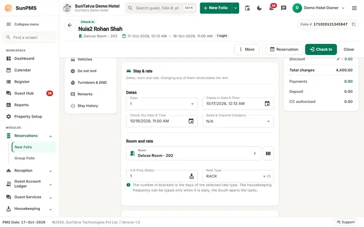 New Folio - Reservation or Walk-in Check-in: walkin room chosen