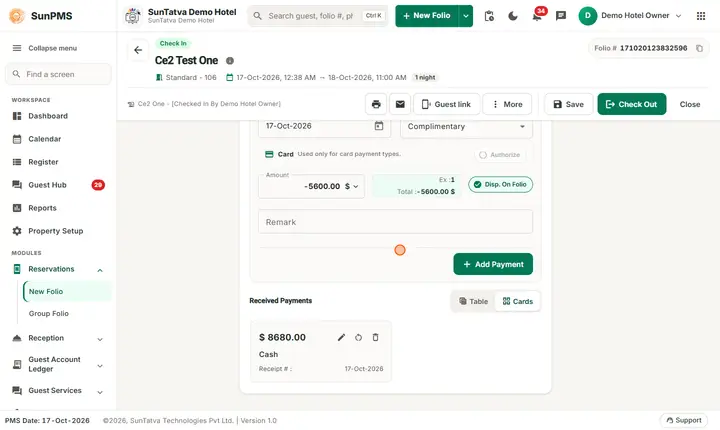 Guest Account Ledger lists: early payments grid