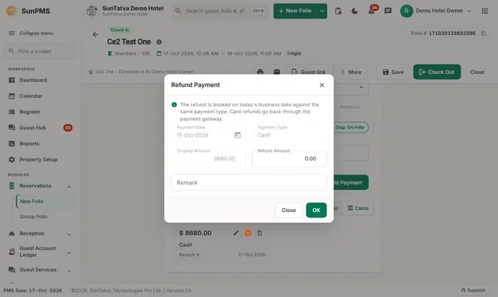 Guest Account Ledger lists: early refund dialog
