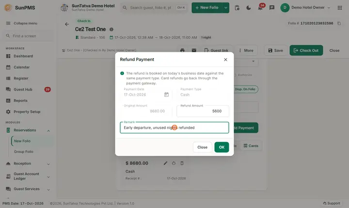 Guest Account Ledger lists: early refund filled