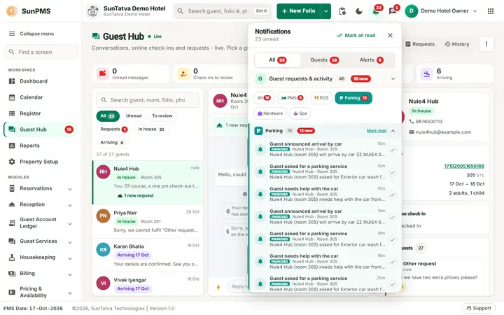 SunParking: Parking Notifications, Vehicle Linking and Walk-in Guests: notification bell filtered to Parking, listing guest requests and vehicle activity