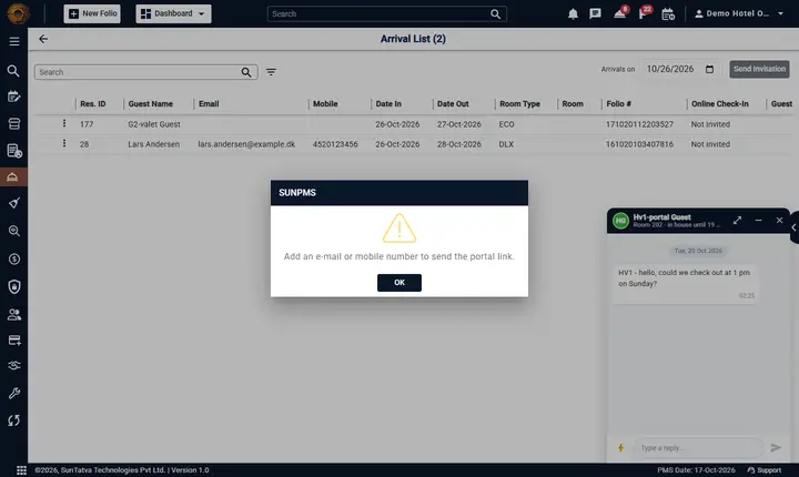 Arrival List: the message when a guest has no contact