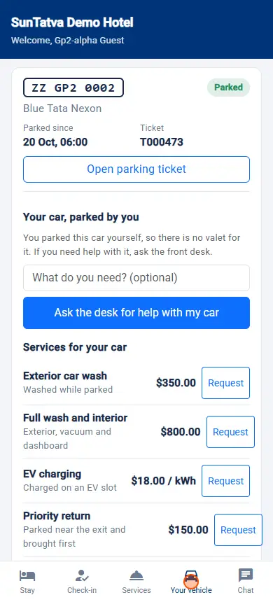 Guest Portal (the guest's page): services under a valet car: Get my car, services with prices, staying longer, due now