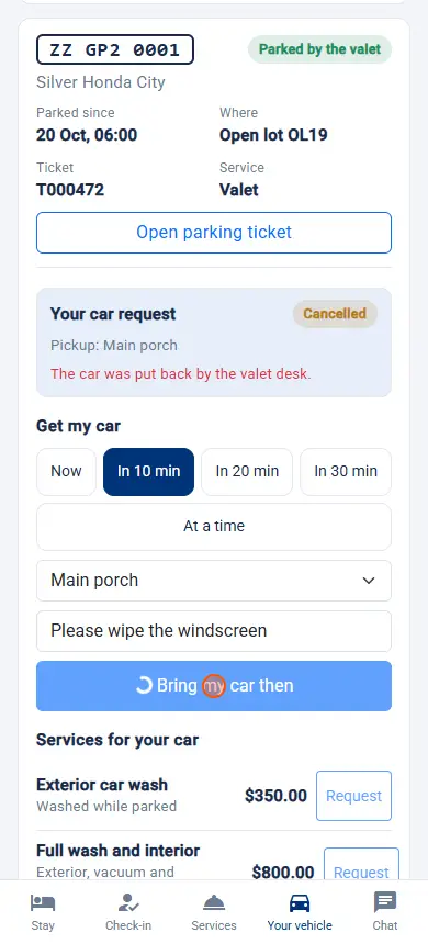 Guest Portal (the guest's page): get my car requested: status steps and Cancel request