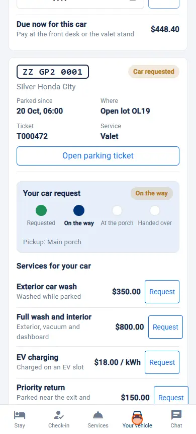 Guest Portal (the guest's page): car on the way