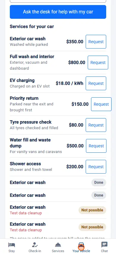 Guest Portal (the guest's page): a self parked car: help request and a service request, with the desk's answer