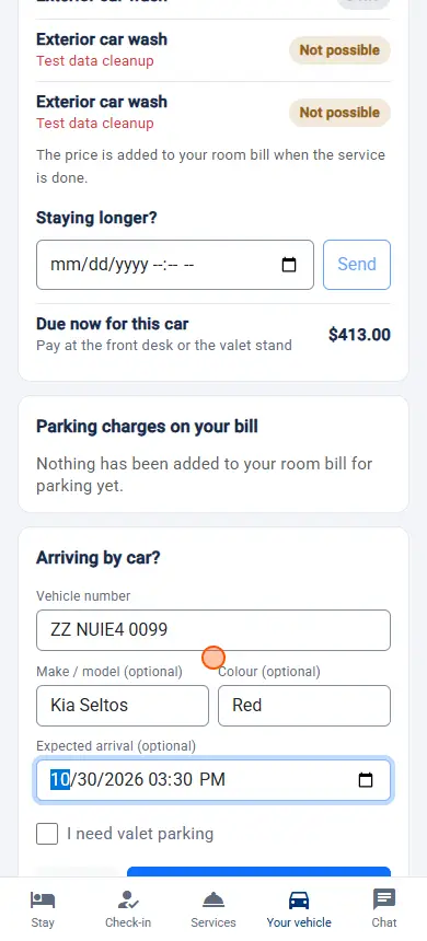 Guest Portal (the guest's page): arriving by car form