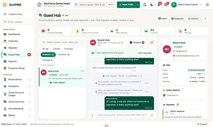 Guest Portal (the guest's page): guest Hub, Requests: Parking section