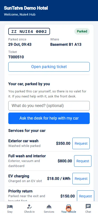 SunParking: Parking Notifications, Vehicle Linking and Walk-in Guests: your vehicle on the guest's phone