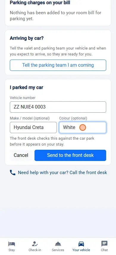 Guest Portal (the guest's page): i parked my car form