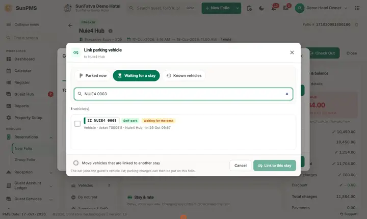 SunParking: Parking Notifications, Vehicle Linking and Walk-in Guests: link the claimed car