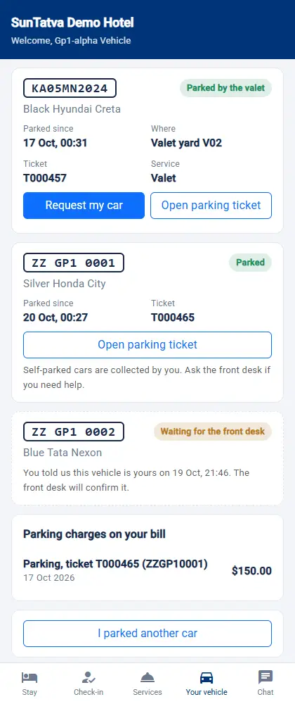 Guest Portal (the guest's page): a parked valet car with Request my car, and a self parked car without it