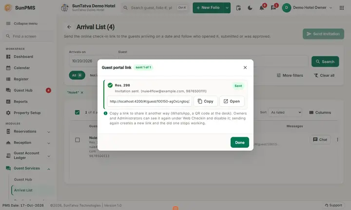 Arrival List: online invitation sent