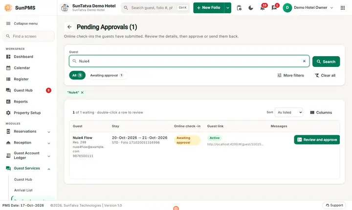 Arrival List: online pending approvals