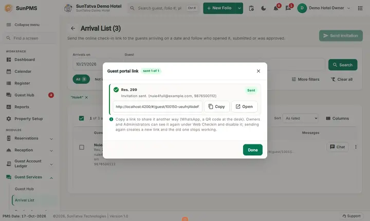 Arrival List: r2online invitation sent