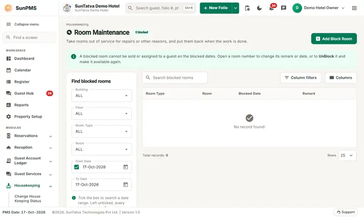 Room Maintenance (Block-Unblock): block list empty