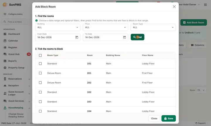 Room Maintenance (Block-Unblock): block find results