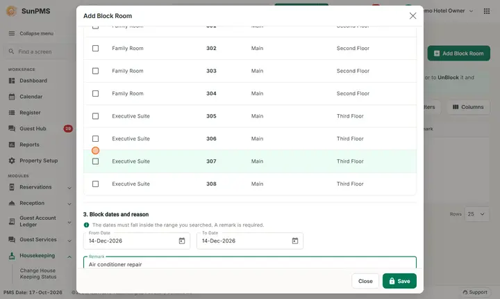 Room Maintenance (Block-Unblock): block filled