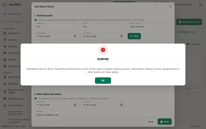 Room Maintenance (Block-Unblock): block 04b availability fails