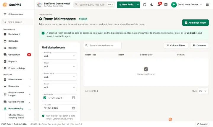 Room Maintenance (Block-Unblock): block saved
