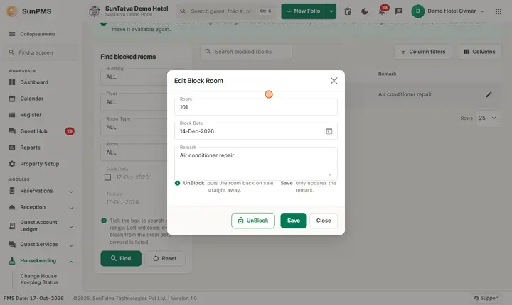 Room Maintenance (Block-Unblock): block context menu