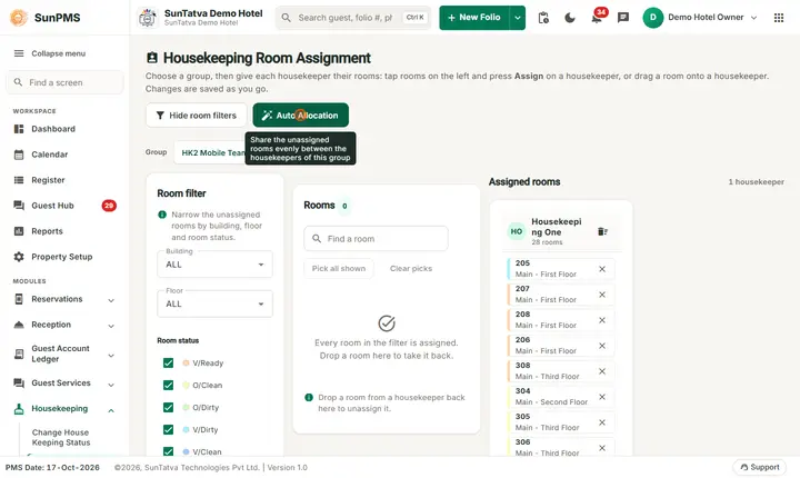 House Keeping Room Assignment: hkassign auto allocated