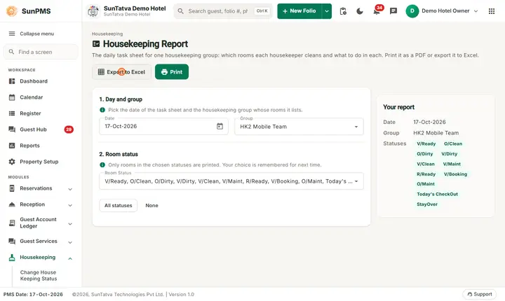 Housekeeping Report: hkreport export menu