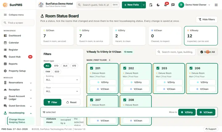 Change House Keeping Status: hkstatus select all