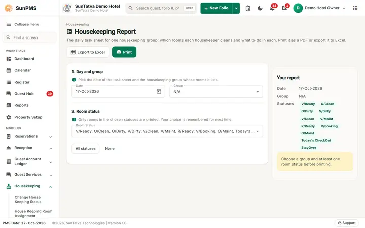 Housekeeping Report screen with the day, group and room status choices