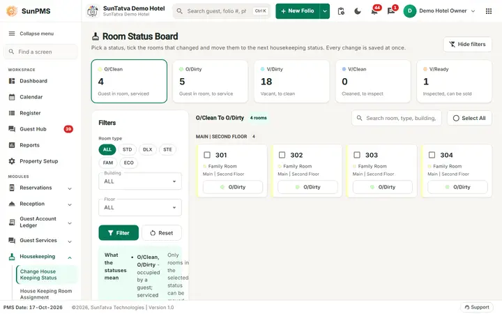 Change House Keeping Status: room Status Board with the status counts, the filters and the rooms to move to the next status