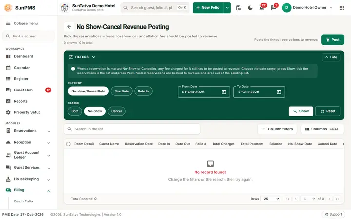 Noshow/Cancel Revenue Posting: after revenue list