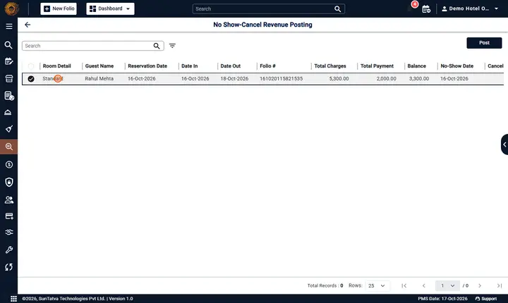 Noshow/Cancel Revenue Posting: after row selected