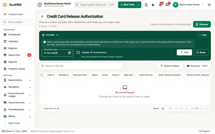 Credit Card Release Authorization with the check out date filter and the Release button