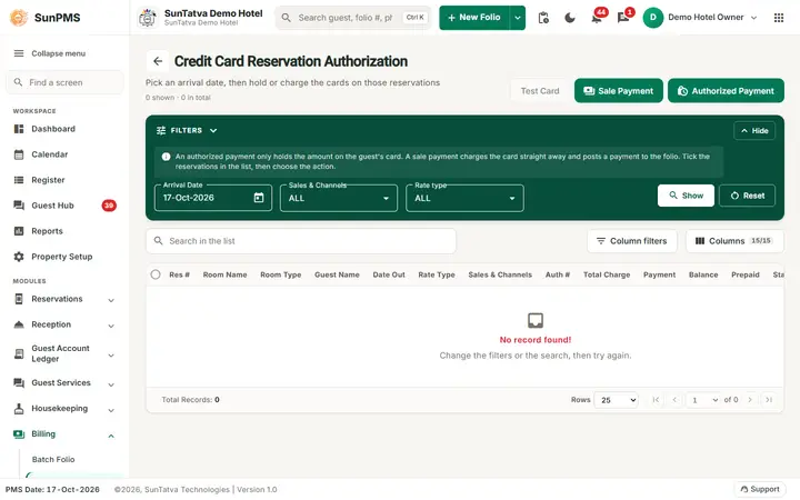 Credit Card Reservation Authorization with the filters band and the buttons Test Card, Sale Payment and Authorized Payment