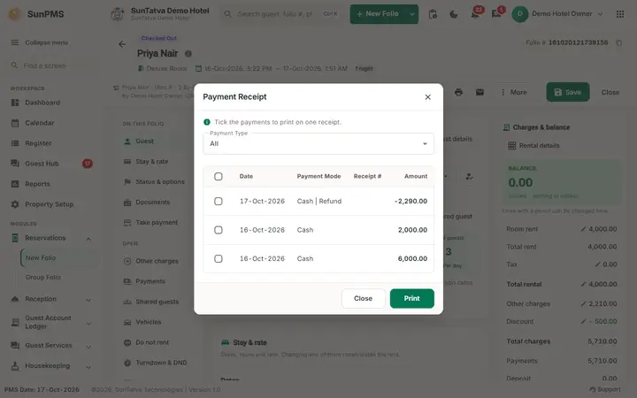 Printing and E-mailing the Folio: inv payments receipt