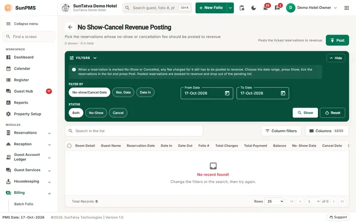 Noshow/Cancel Revenue Posting: noshow screen