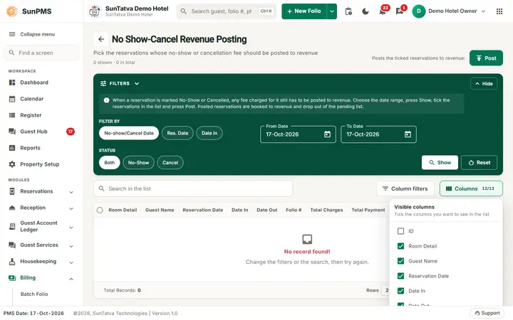 Noshow/Cancel Revenue Posting: noshow filters