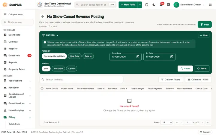 Noshow/Cancel Revenue Posting: nspost screen